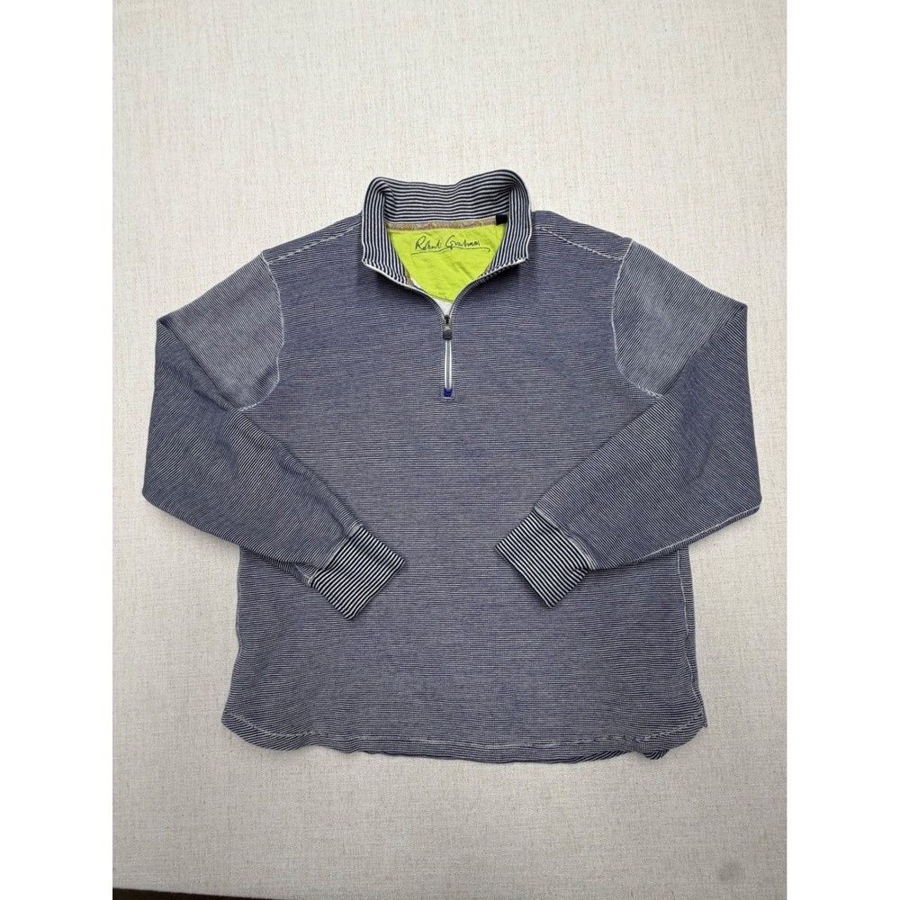 Robert Graham Mens Large Navy Blue Striped Waffle Knit Quarter Zip Pullover